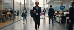 Fotografia em estilo fotojornalístico de uma jovem mulher negra, com roupas profissionais casuais e tênis, caminhando pelo corredor de um escritório moderno com paredes de vidro. Ela segura um copo de café e documentos com gráficos de negócios. Ao fundo, pessoas trabalham em mesas de escritório e salas de reunião corporativas.